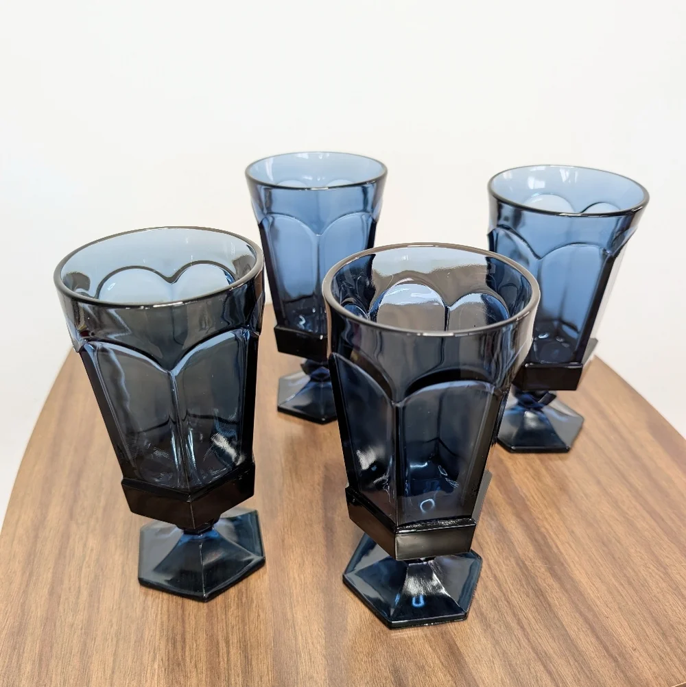 Set Of 4 Vintage 80s Dark Blue Virginia Pattern By Fostoria Ice Tea Glasses